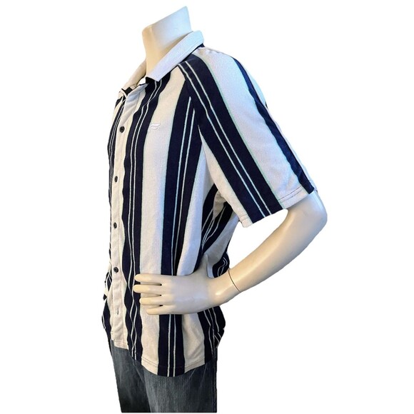 Fabletics Men’s Sz L Island Terry Button Up Navy Striped Retro Cabana Beach Wear - Picture 4 of 10